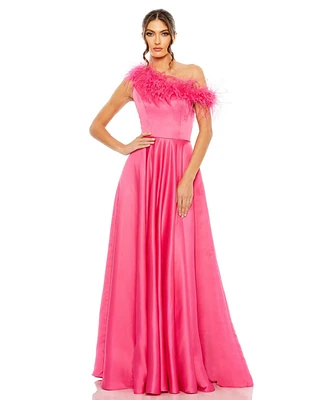 Mac Duggal Women's One Shoulder A Line Gown With Feather Detail