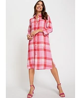 Olsen Women's 100% Linen Plaid Shirt Dress