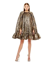 Mac Duggal Women's High Neck Cape Sleeve Metallic Trapeze Mini Dress