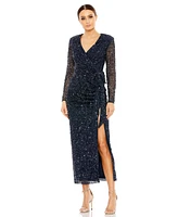 Mac Duggal Women's Long Sleeve V-Neck Sequin Dress