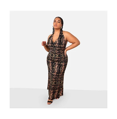 Rebdolls Plus Size Indie Abstract Print Halter Maxi Bodycon Dress