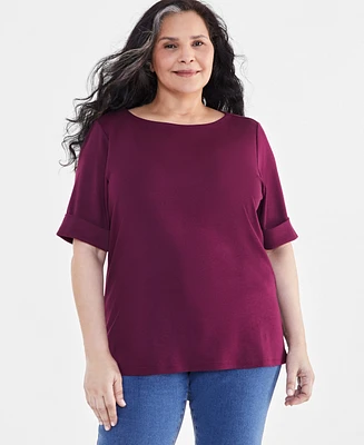 Style & Co Plus Boat-Neck Elbow Sleeve Cotton Top, Exclusively at Macy's