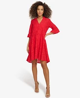 kensie Women's Cotton Eyelet Bell-Sleeve High-Low Dress