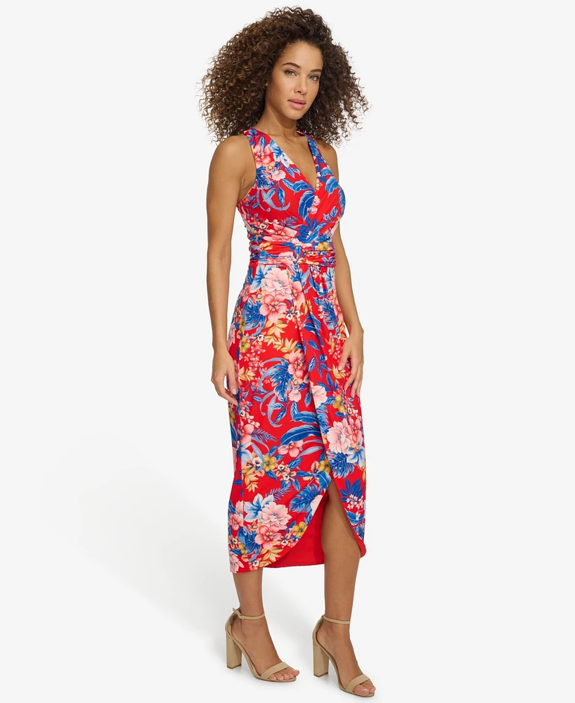 Siena Women's Floral Side-Ruched Sleeveless Midi Dress