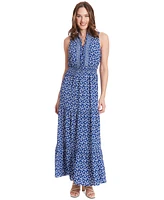 London Times Petite Floral-Print Ruffle-Collar Maxi Dress