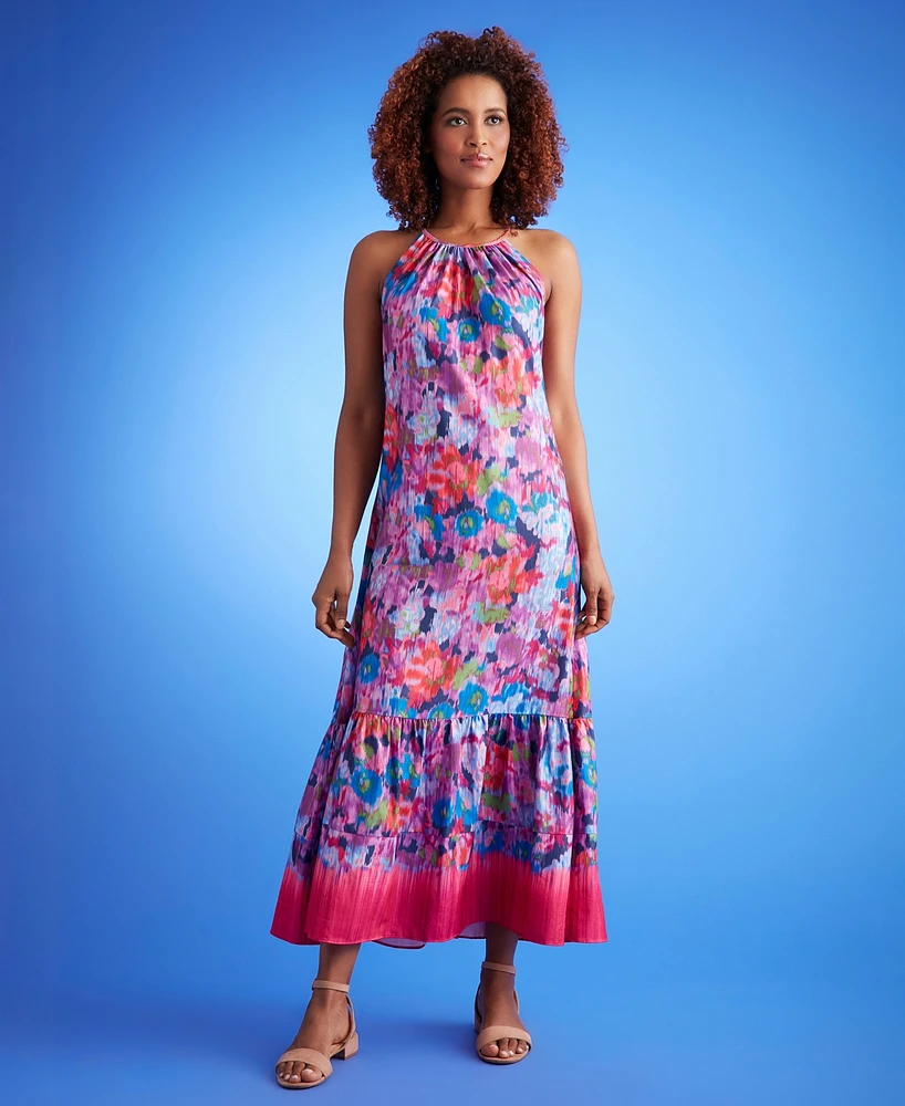 London Times Petite Printed Halter-Neck Maxi Dress