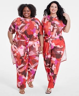 Nina Parker Trendy Plus Size Printed Knot Front Tunic Pants