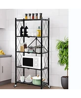 5-Tier Foldable Storage Shelving Unit, Heavy Duty Metal Shelf, Kitchen Shelf with 3 Hooks