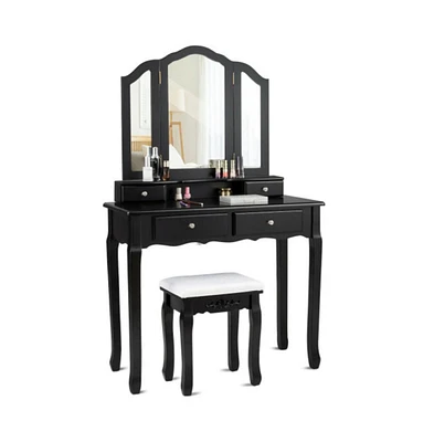 Slickblue Tri Folding Mirror Vanity Table Stool Set with 4 Drawers and Cushioned Stool