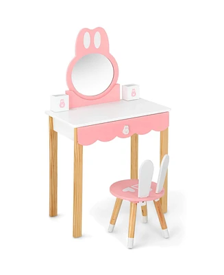 Slickblue Kids Vanity Set Rabbit Makeup Dressing Table Chair Set with Mirror and Drawer