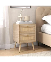 Slickblue Rattan Nightstand Boho Accent Bedside Table with 2 Storage Drawers