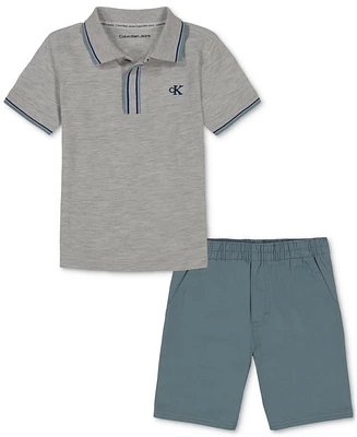 Calvin Klein Little Boy Heather Pique Polo Shirt and Twill Shorts