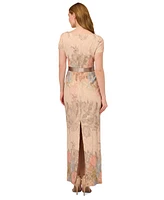 Adrianna Papell Women's Floral-Print Short Sleeve Column Gown