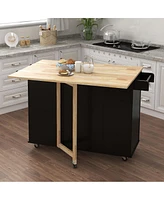 Kitchen Island With Spice Rack, Towel Rack And Extensible Solid Wood Tabletop-Black