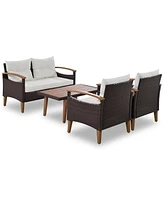 4-Piece Garden Furniture, Patio Seating Set, Pe Rattan Outdoor Sofa Set, Wood Table And Legs