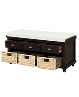 Simplie Fun Rustic Storage Bench With 3 Drawers And 3 Rattan Baskets, Shoe Bench For Living Room