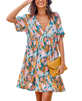 Cupshe Women's Soft Tropics Short Sleeve Mini Beach Dress