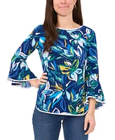 Sam & Jess Petite Floral-Print Bell-Sleeve Piped Top