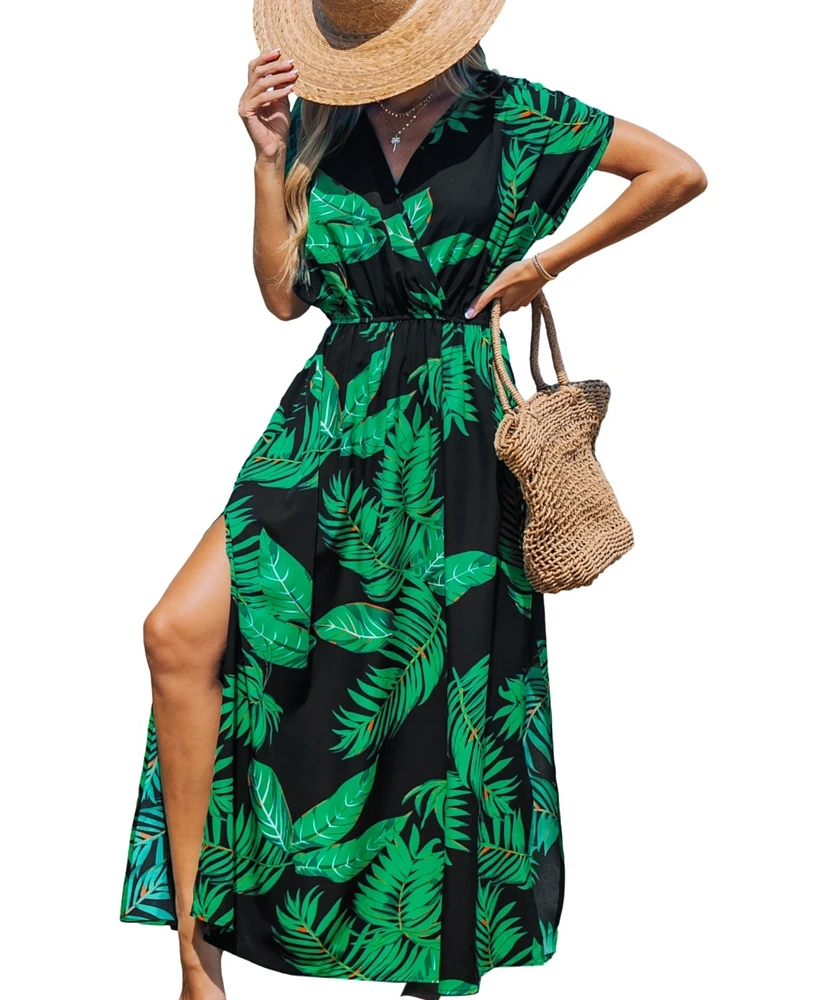 Cupshe Women's Tropical Leaf Short Sleeve Split Maxi Beach Dress