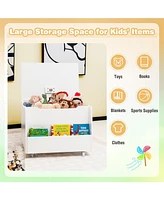 Slickblue Wooden Mobile Toy Storage Organizer with Bookshelf and Lockable Wheels-White