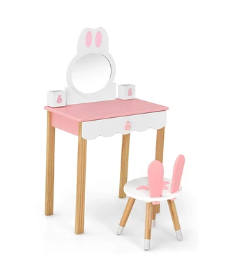 Slickblue Kids Vanity Set Rabbit Makeup Dressing Table Chair with Mirror and Drawer