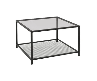 Slickblue Modern 2-Tier Square Glass Coffee Table with Mesh Shelf