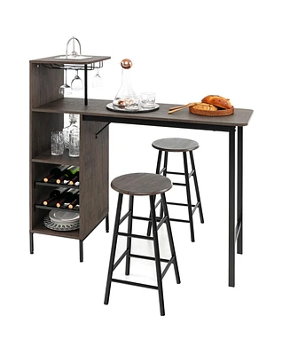 Slickblue 3 Piece Bar Table and Chairs Set with 6-Bottle Wine Rack-Brown