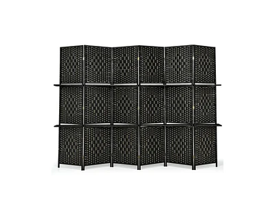 Slickblue 6 Panel Folding Weave Fiber Room Divider with 2 Display Shelves