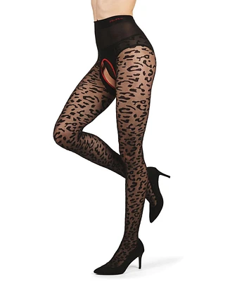 MeMoi Women's Born To Be Wild Leopard Crotchless Sheer Pantyhose