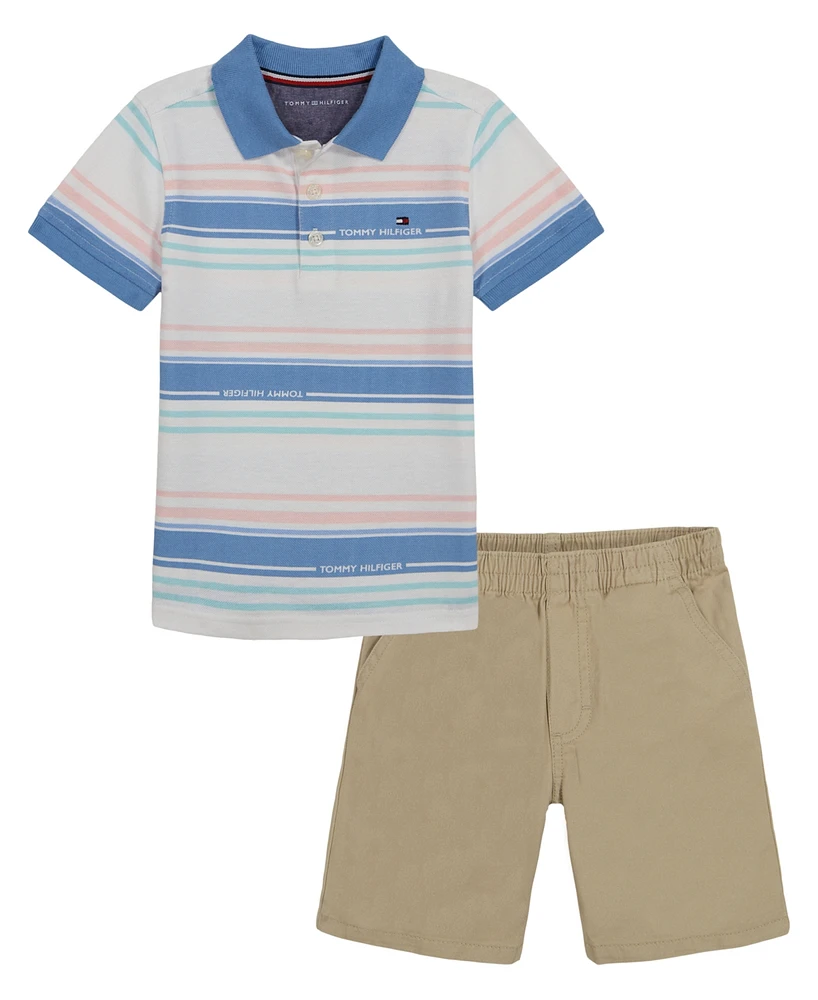 Tommy Hilfiger Toddler Boys Multi Stripe Polo Shirt Twill Shorts Set