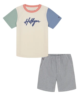 Tommy Hilfiger Toddler Boy short sleeve Soft Colorblock Logo Tee Printed Shorts Set