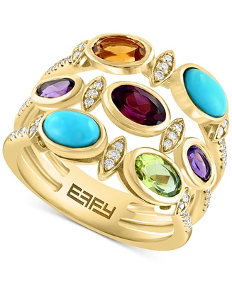 Effy Multi-Gemstone (1-5/8 ct. t.w.), Turquoise, & Diamond (1/5 ct. t.w.) Triple Row Statement Ring in 14k Gold