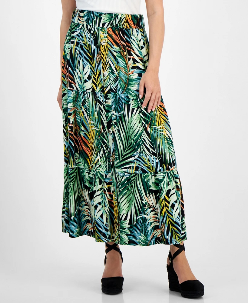 Jamie & Layla Petite Tiered Foliage-Print Button-Front Linen Skirt