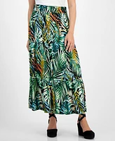 Jamie & Layla Petite Tiered Foliage-Print Button-Front Linen Skirt