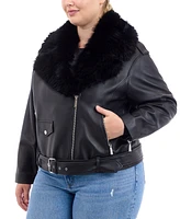 Michael Kors Plus Faux-Fur-Collar Leather Moto Coat