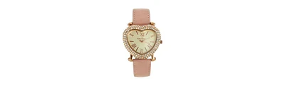 Peugeot Women's Heart Shaped Rose Gold Crystal Watch with Pink Suede Strap