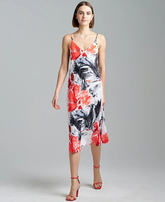 Natori Women's Floral-Print V-Neck Midi Slip Dress