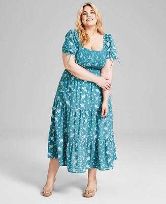 And Now This Trendy Plus Printed Puff-Sleeve Tiered Maxi Dress, Created for Macy's