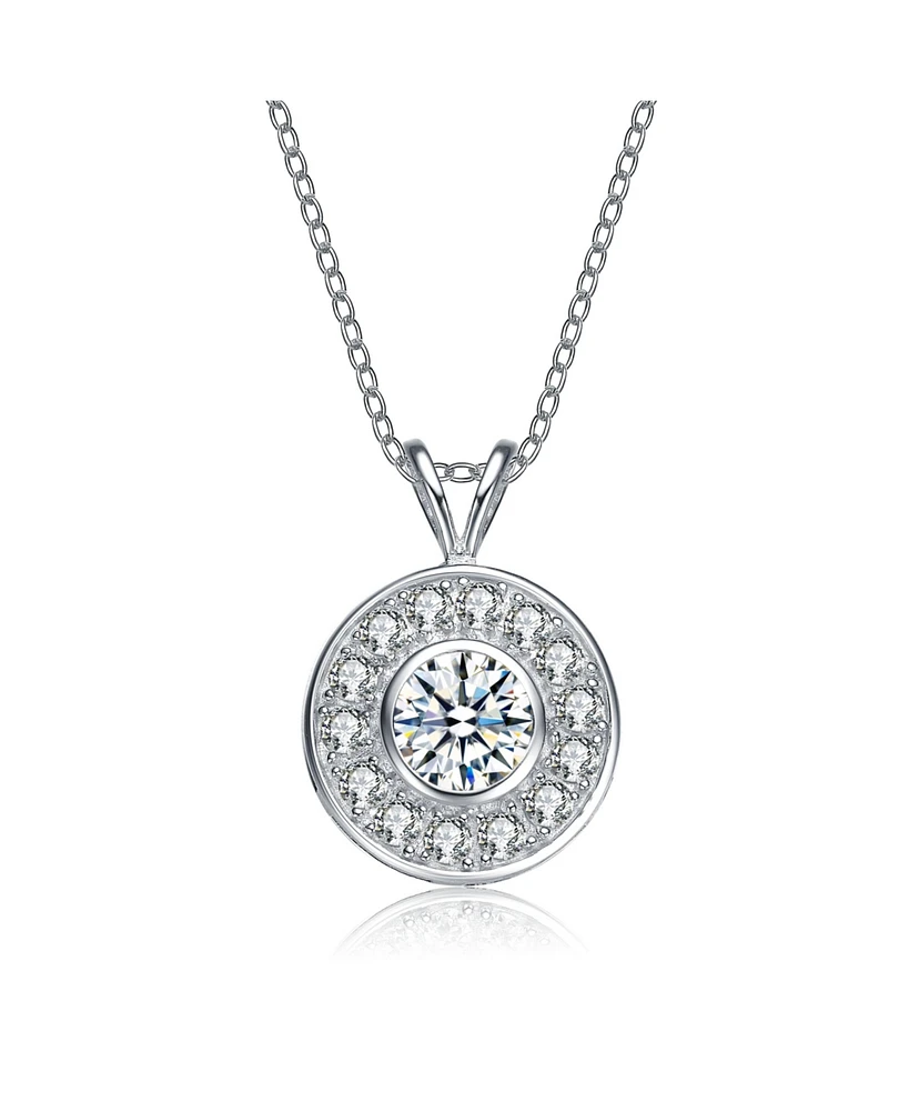Genevive Modern Sterling Silver with Cubic Zirconia Round Bezel Pendant