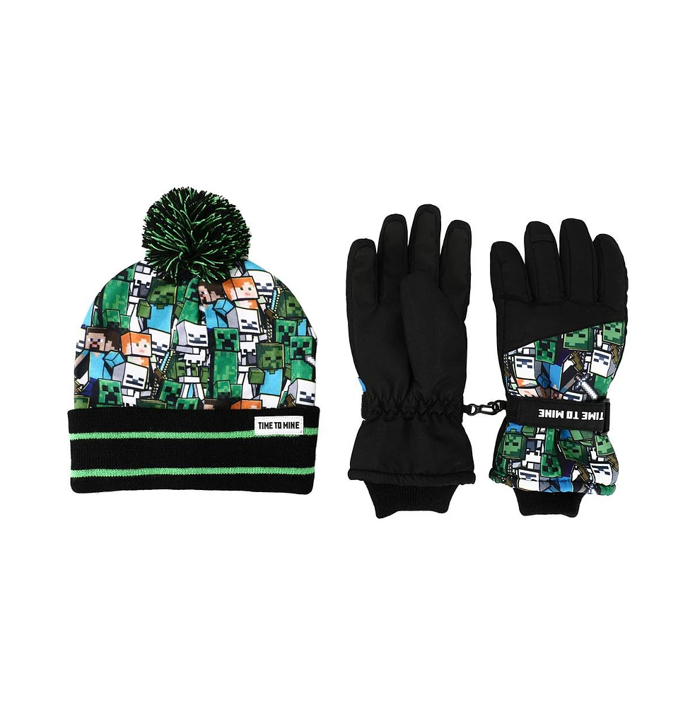 Minecraft Boys Fleece Knit Cuff Hat and Ski Gloves Set