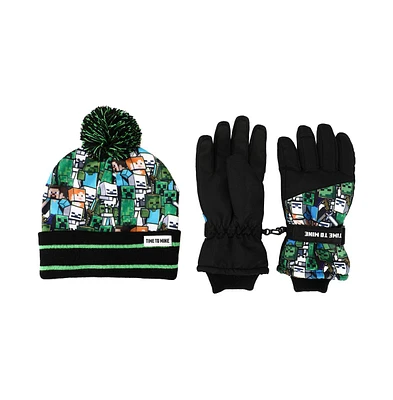 Minecraft Boys Fleece Knit Cuff Hat and Ski Gloves Set