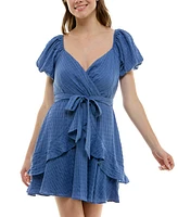 Trixxi Juniors' Balloon-Sleeve Faux-Wrap Dress