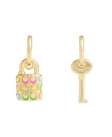 Coach Faux Stone Signature Rainbow Quilted Lock Key Charm Huggies