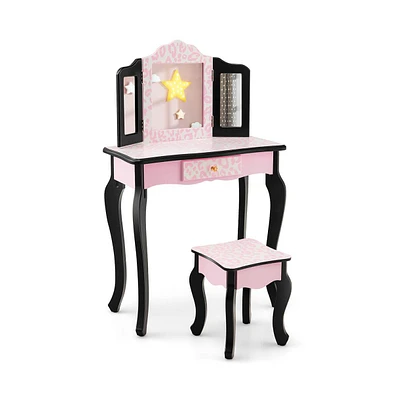 Slickblue Kid Vanity Set with Tri-Folding Mirror and Leopard Print-Pink