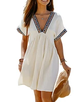 Cupshe Women's Beige Boho Trim Plunging Mini Beach Dress