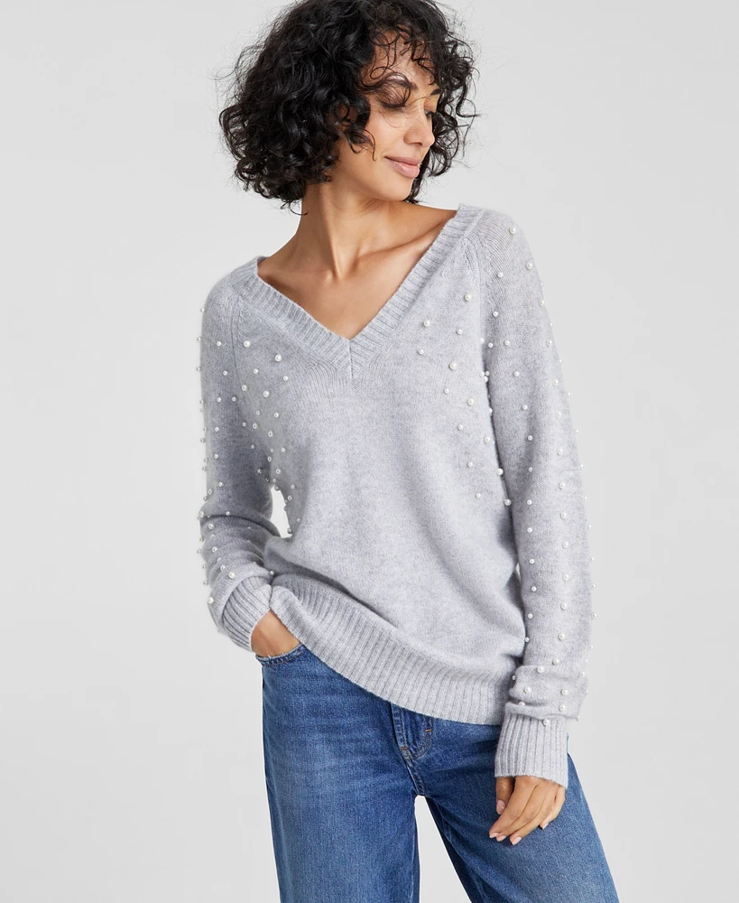 Charter Club Women's Cashmere Faux-Pearl Double V-Neck Sweater, Created for Macy's