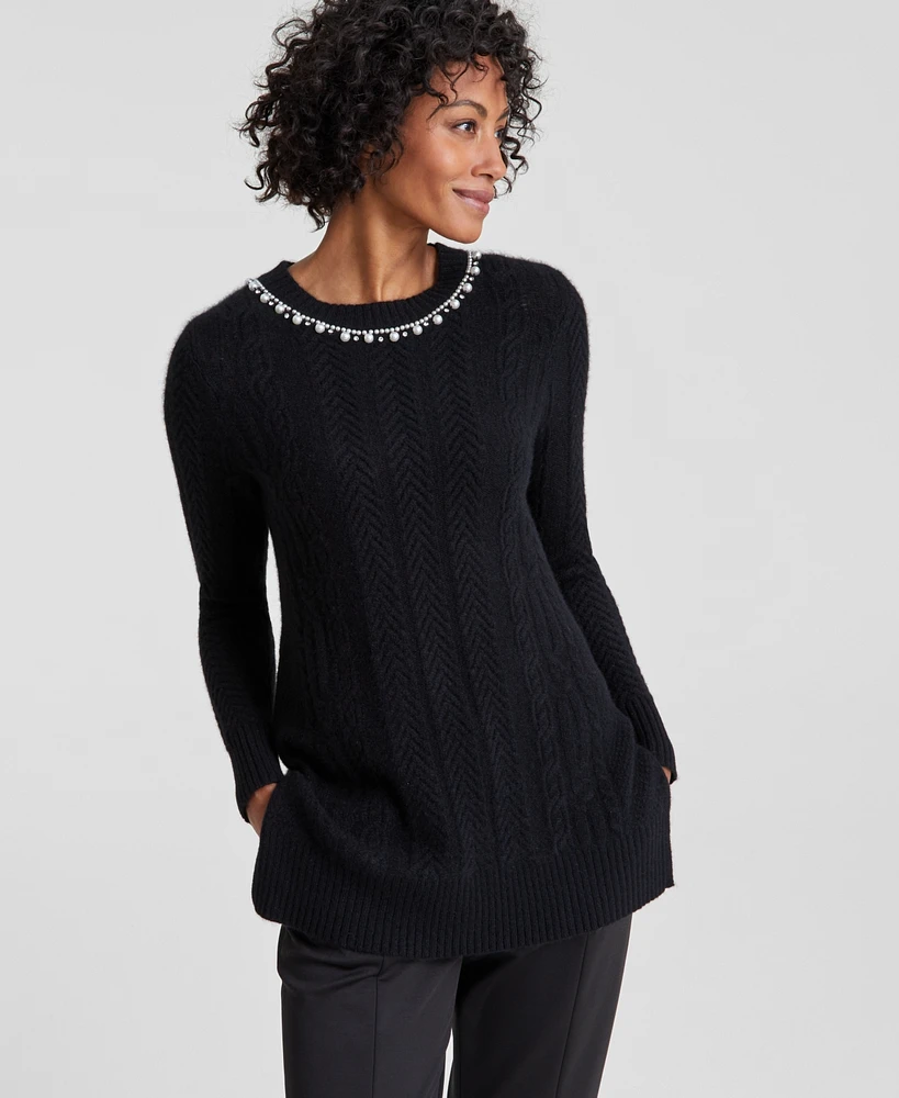 Charter Club Women's Cashmere Embellished Cable-Knit Tunic Sweater, Created for Macy's