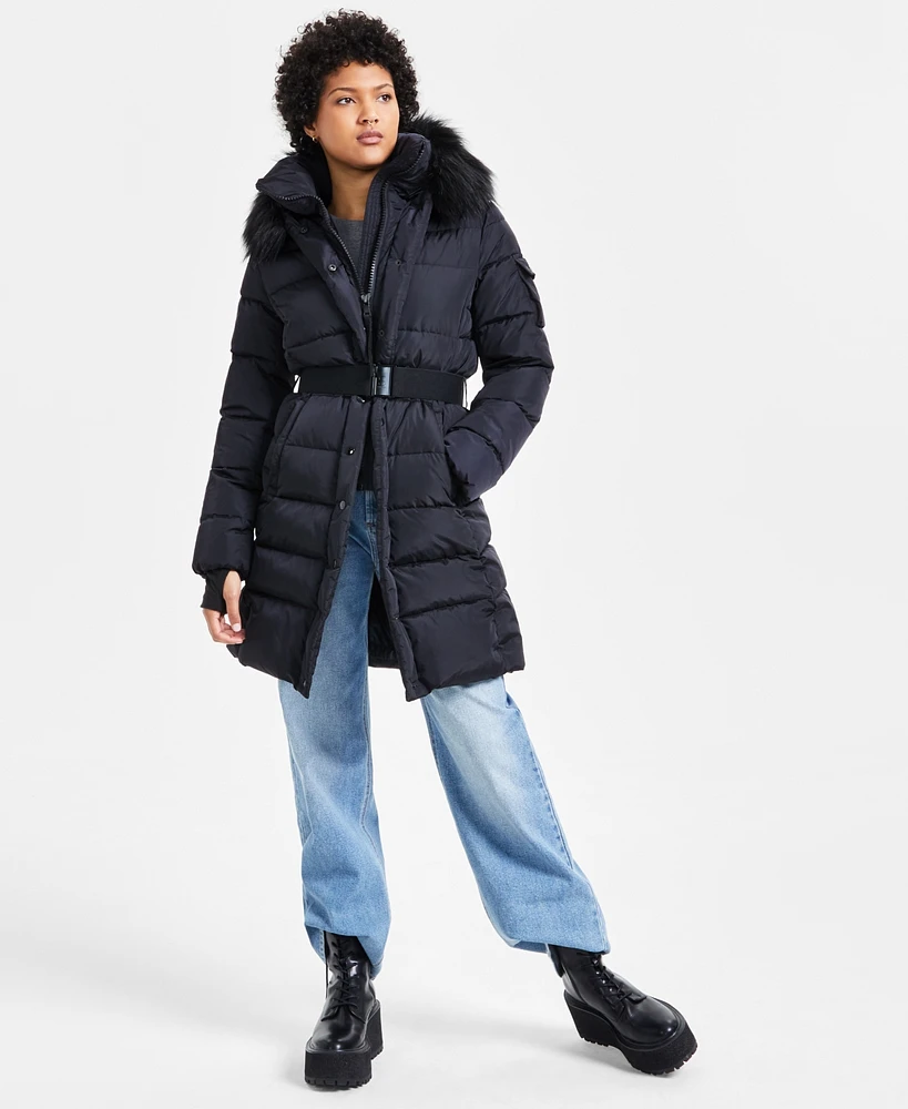 S13 Women's Chalet Faux-Fur-Trim Hooded Belted Puffer Coat