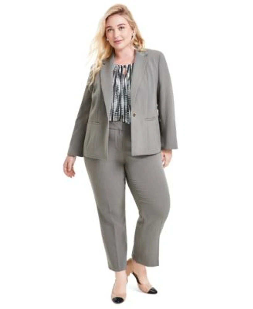 Kasper Plus Size One Button Blazer Printed Pleat Neck Top Straight Leg Pants