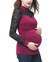 kimi + kai Maternity Mock Neck Lace Trim Top